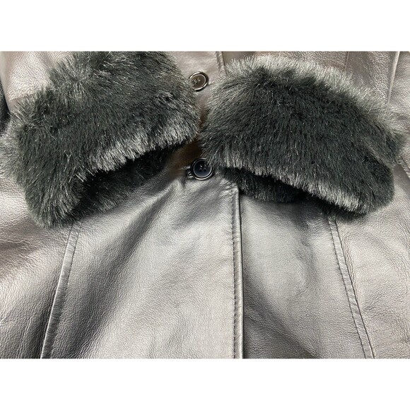 Women's Long Black Leather Trench Coat Faux Fur Trim Excelled Collection Size L - Picture 5 of 12